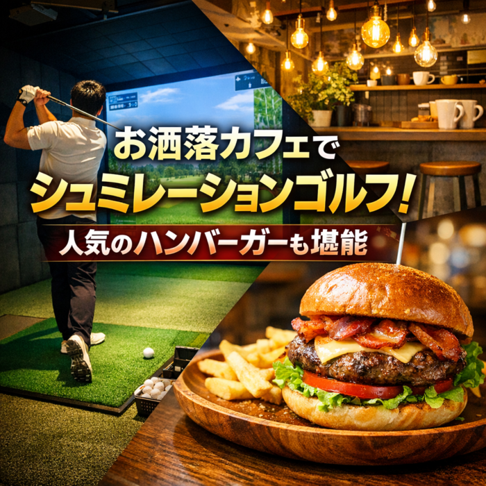 お洒落カフェでシュミレーションゴルフ！人気のハンバーガーも堪能